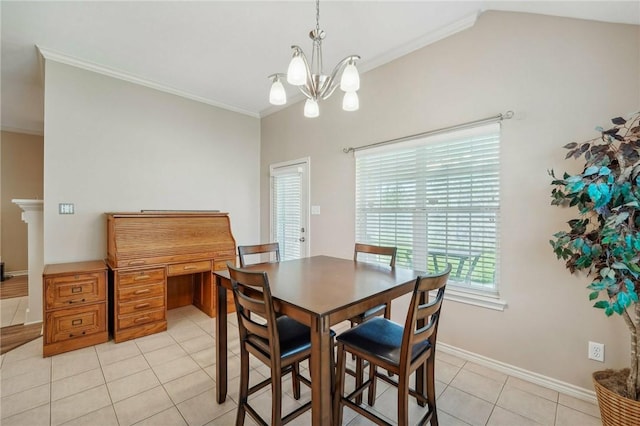 dining area with crown molding, light tile patterned flooring, lofted ceiling, and an inviting chandelier