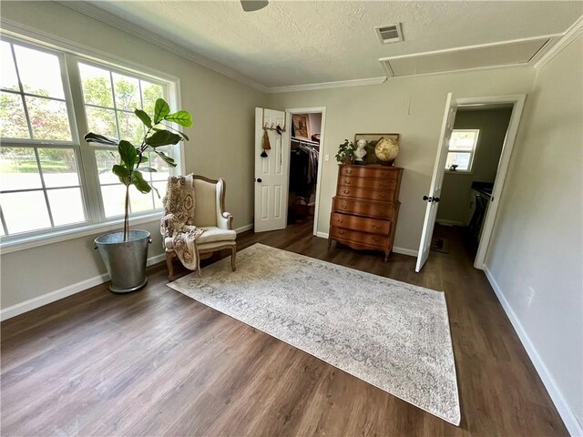 sitting room featuring crown molding, dark hardwood / wood-style flooring, and a textured ceiling