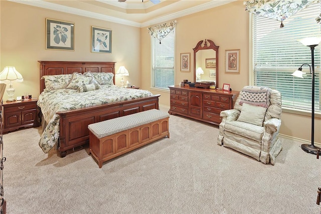 bedroom with light carpet and ornamental molding