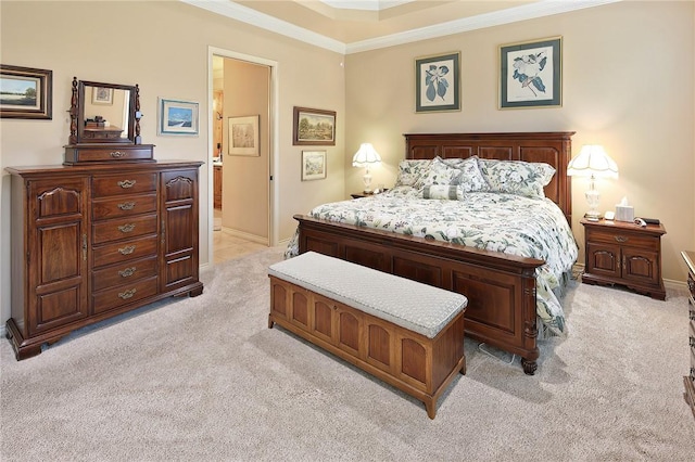 bedroom featuring light carpet and crown molding