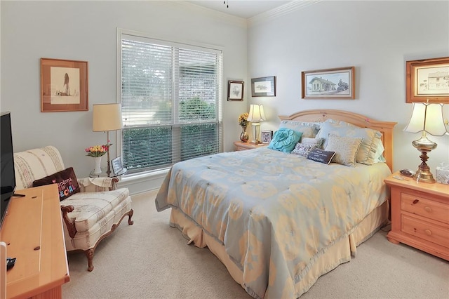 carpeted bedroom featuring ornamental molding