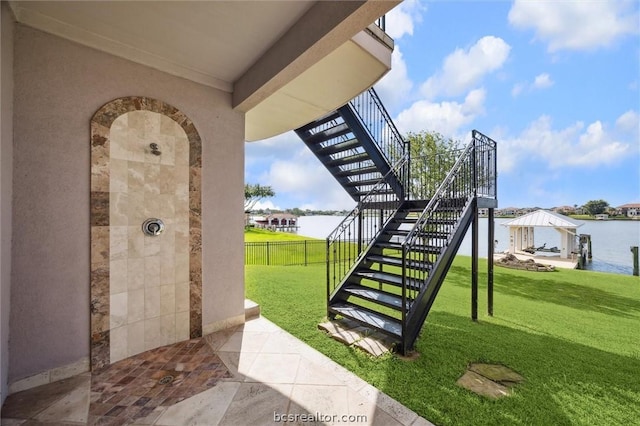 view of patio / terrace featuring a water view