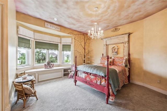 carpeted bedroom with a notable chandelier