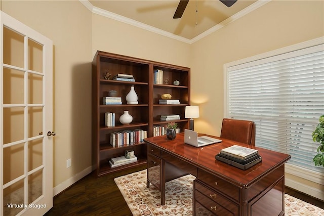 office featuring ceiling fan, ornamental molding, and dark hardwood / wood-style flooring