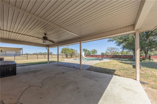 view of patio / terrace featuring a fenced in pool and ceiling fan