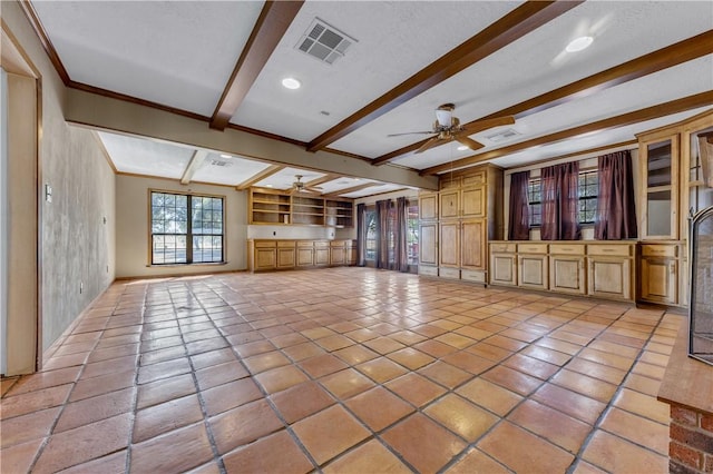 unfurnished living room with beamed ceiling, light tile patterned floors, a textured ceiling, and ceiling fan