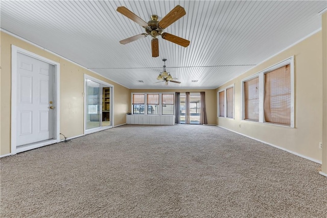 unfurnished living room with carpet and ceiling fan