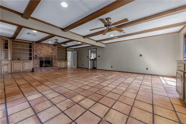 unfurnished living room featuring beamed ceiling, built in features, a fireplace, and light tile patterned flooring