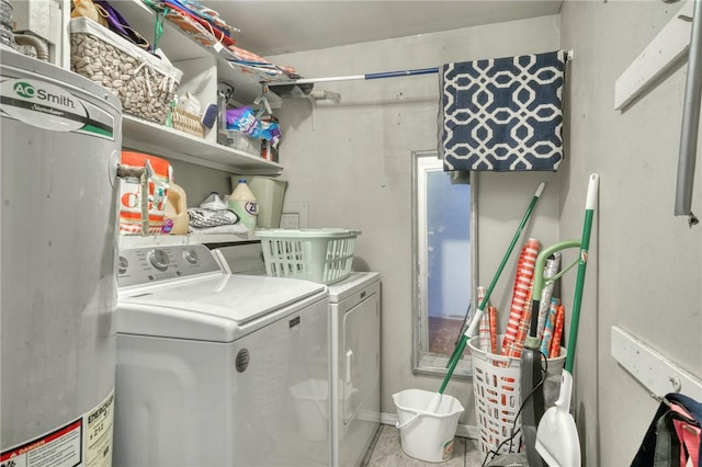 laundry room featuring water heater and washing machine and dryer