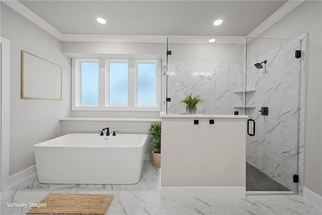 bathroom featuring ornamental molding and shower with separate bathtub