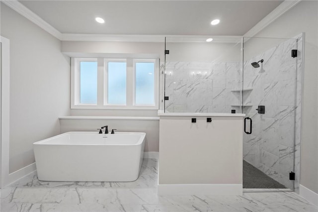 bathroom with independent shower and bath and ornamental molding