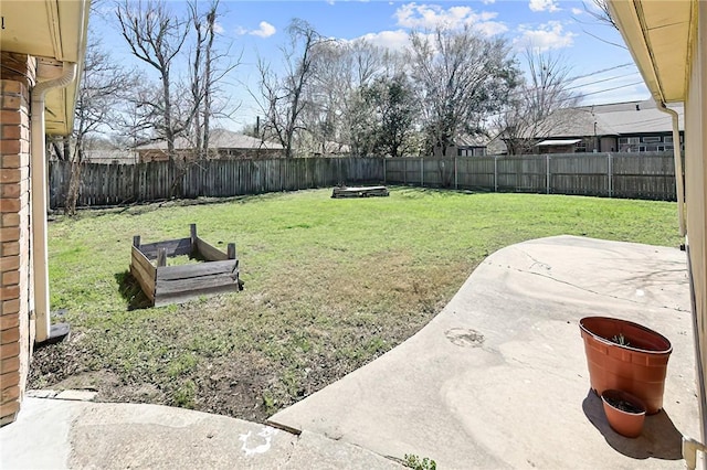 view of yard with a fenced backyard and a patio area