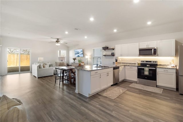 kitchen featuring sink, white cabinetry, dark hardwood / wood-style floors, kitchen peninsula, and stainless steel appliances