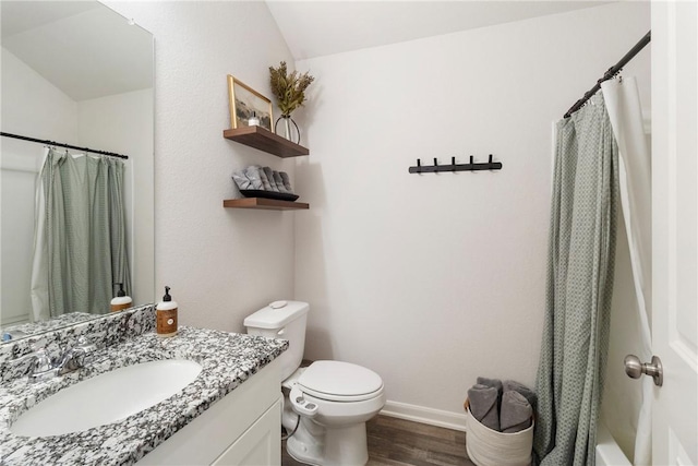 bathroom with hardwood / wood-style flooring, vanity, and toilet