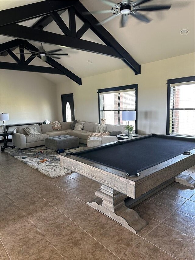 recreation room featuring ceiling fan, plenty of natural light, lofted ceiling with beams, and billiards