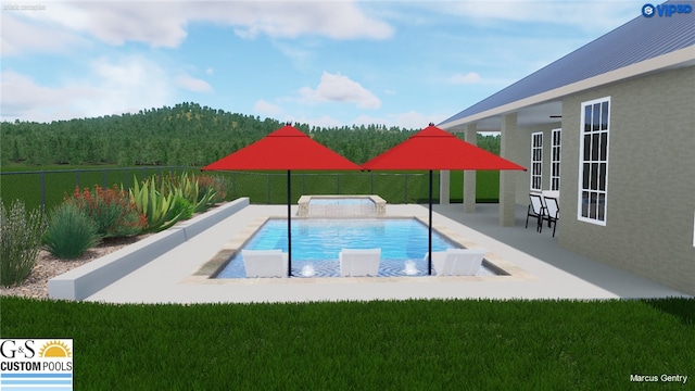 view of pool with a patio and a lawn