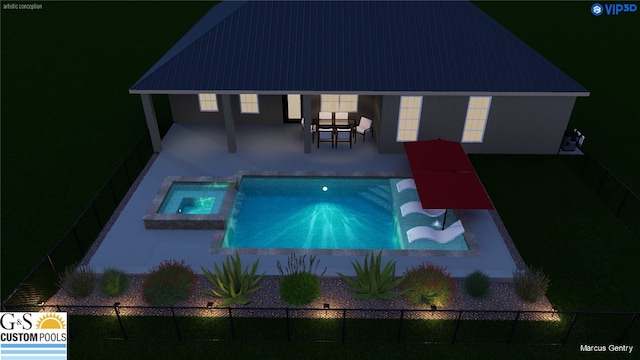 view of swimming pool featuring an in ground hot tub and a patio