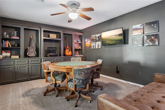 rec room with ceiling fan and carpet flooring