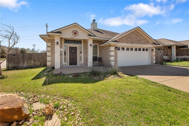 single story home featuring fence, driveway, an attached garage, a chimney, and brick siding