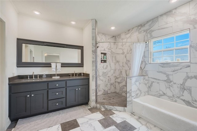 bathroom featuring a tile shower, marble finish floor, a tub to relax in, and a sink