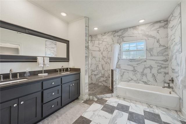 full bathroom with a sink, a bath, double vanity, and a tile shower