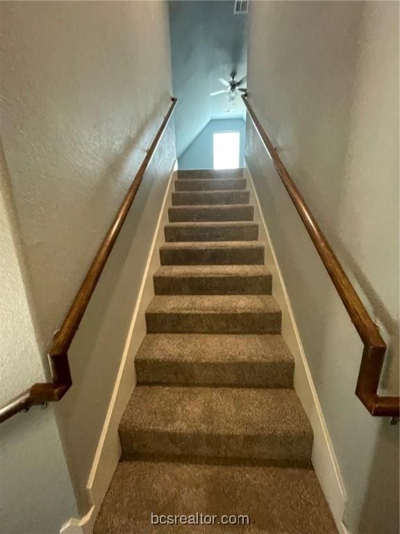 stairway with carpet and ceiling fan