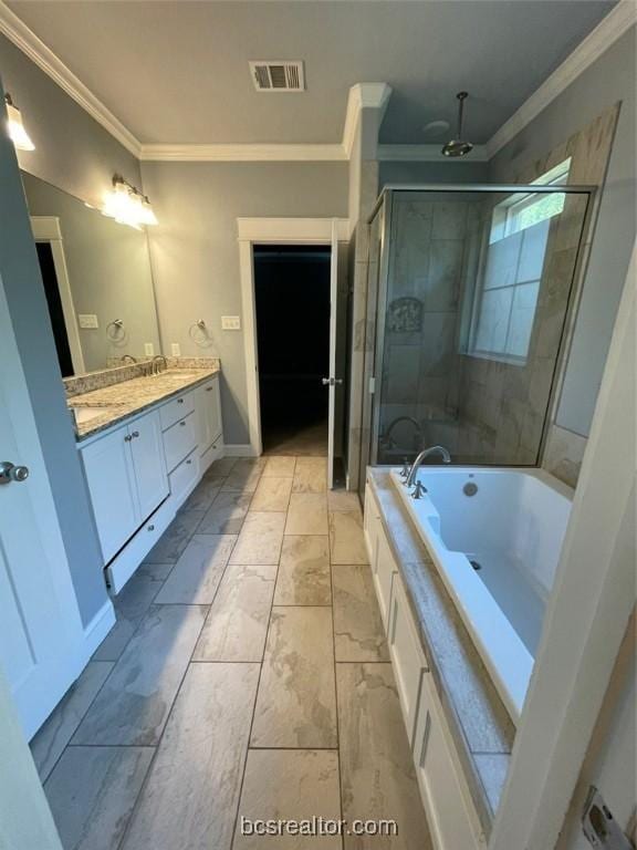 bathroom with vanity, separate shower and tub, and crown molding