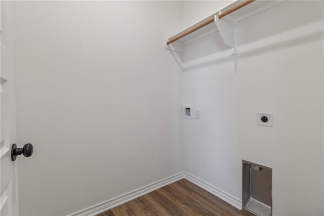 clothes washing area with hookup for an electric dryer, dark wood-type flooring, and washer hookup