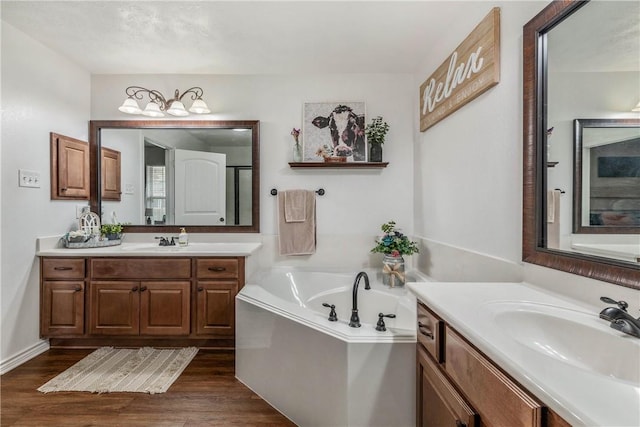 bathroom featuring a tub to relax in, vanity, and wood-type flooring