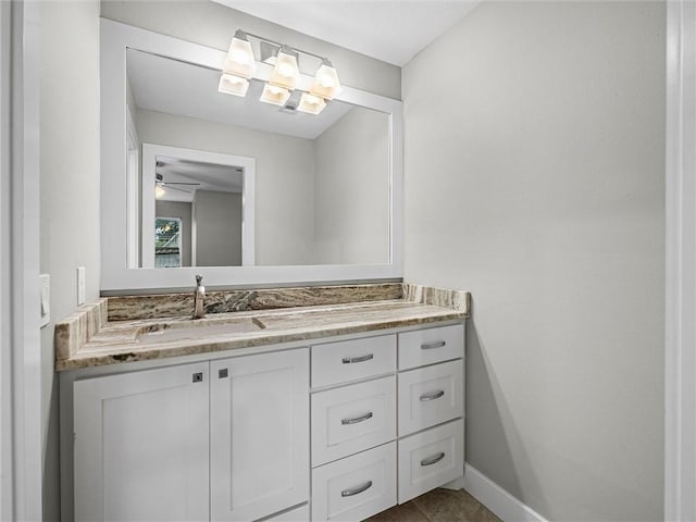 bathroom featuring vanity, tile patterned floors, and ceiling fan