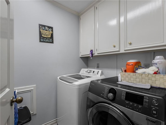 3003 Aztec St, College Station, TX 77845 - laundry area with separate washer and dryer, cabinet space, and crown molding