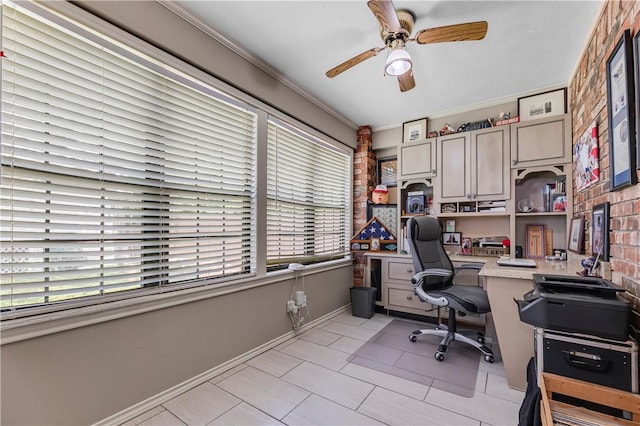 3003 Aztec St, College Station, TX 77845 - office area with a ceiling fan, baseboards, crown molding, and light tile patterned flooring