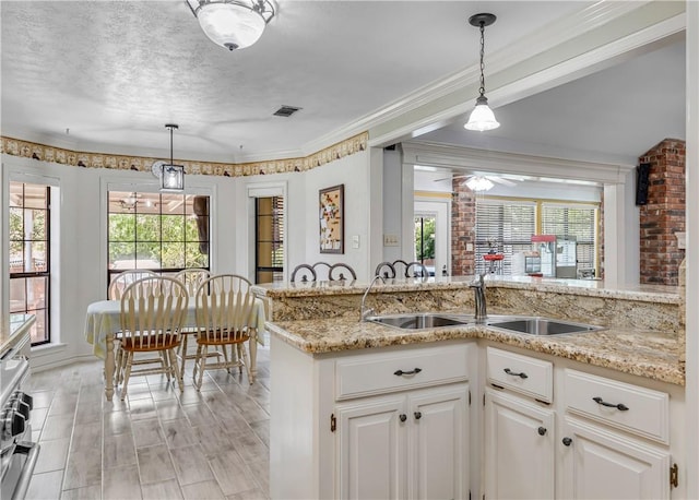 3003 Aztec St, College Station, TX 77845 - kitchen featuring a ceiling fan, a sink, light stone countertops, plenty of natural light, and a textured ceiling