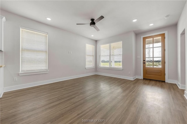 interior space featuring a wealth of natural light, dark hardwood / wood-style flooring, and ceiling fan