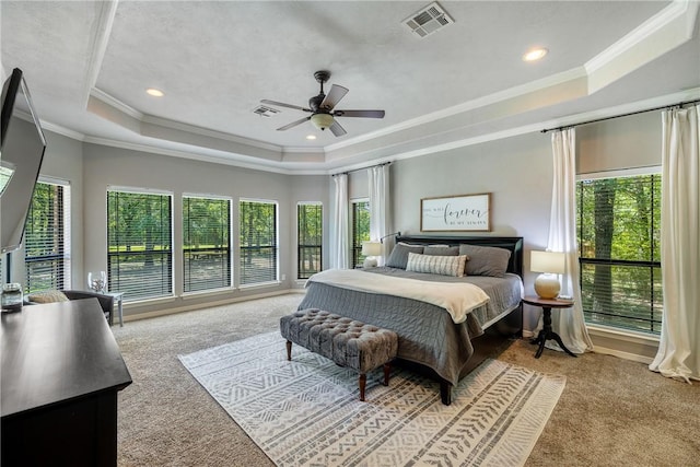 5249 Drake Dr, College Station, TX 77845 - carpeted bedroom with a raised ceiling, crown molding, ceiling fan, and recessed lighting