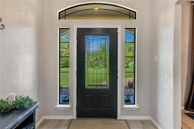 5249 Drake Dr, College Station, TX 77845 - foyer entrance with light wood-type flooring, baseboards, healthy amount of natural light, and a textured wall