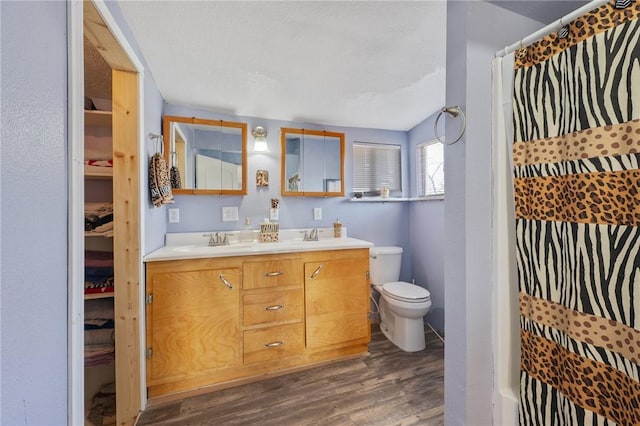 bathroom with toilet, hardwood / wood-style flooring, a shower with shower curtain, vaulted ceiling, and vanity