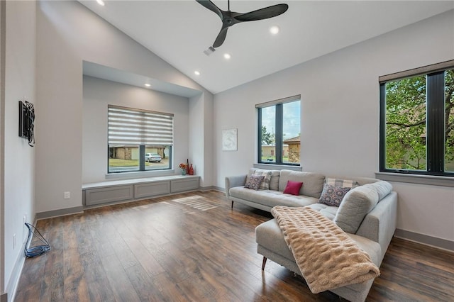 living area featuring baseboards, dark wood-style flooring, visible vents, and recessed lighting