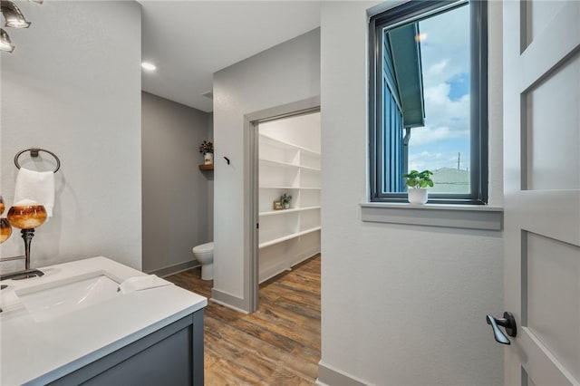 bathroom featuring a spacious closet, toilet, vanity, wood finished floors, and baseboards