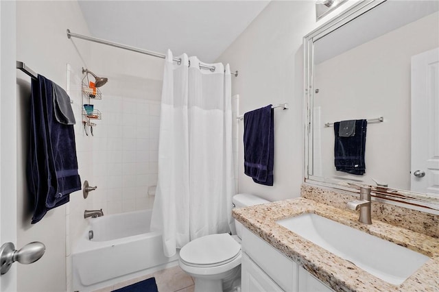 1725 Harvey Mitchell Pkwy, College Station, TX 77840 - bathroom featuring toilet, shower / bath combination with curtain, vanity, and tile patterned floors