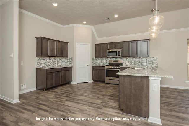 5648 Hayduke Ln, Bryan, TX 77845 - kitchen with stainless steel appliances, a sink, a peninsula, dark wood-style floors, and dark brown cabinetry