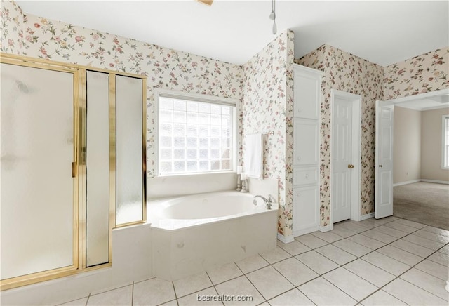 full bathroom with tile patterned floors, a garden tub, a shower stall, and wallpapered walls