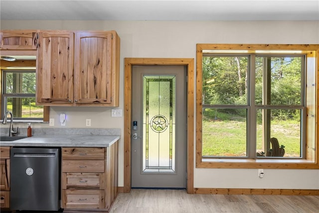 3205 County Road 308, Caldwell, TX 77836 - kitchen with stainless steel dishwasher, a sink, light wood-style flooring, and light countertops