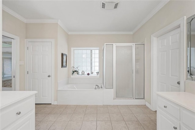 full bath featuring a stall shower, visible vents, and vanity
