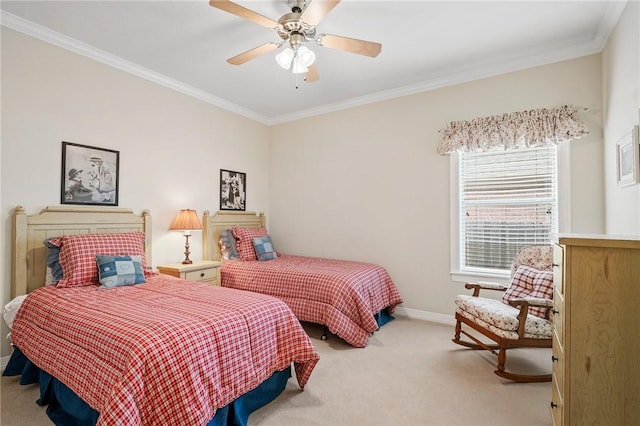 bedroom featuring crown molding, baseboards, light colored carpet, and ceiling fan