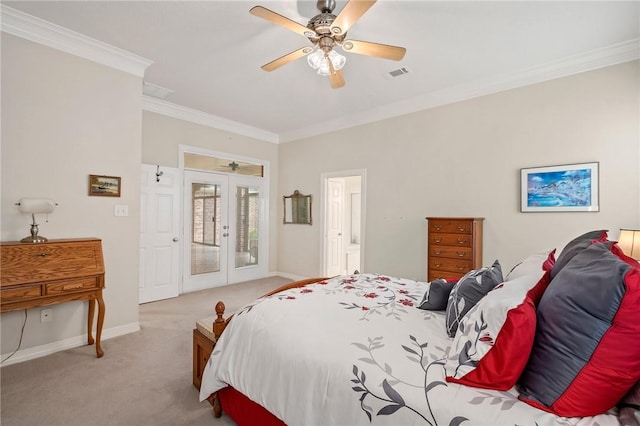 carpeted bedroom featuring french doors, access to exterior, crown molding, visible vents, and baseboards
