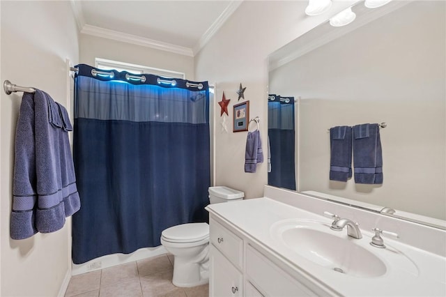 full bath featuring tile patterned flooring, ornamental molding, vanity, curtained shower, and toilet