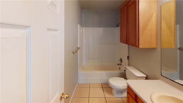 full bathroom with vanity, shower / tub combination, tile patterned floors, and toilet