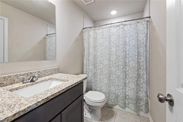 bathroom featuring shower / bath combo, visible vents, toilet, tile patterned flooring, and vanity