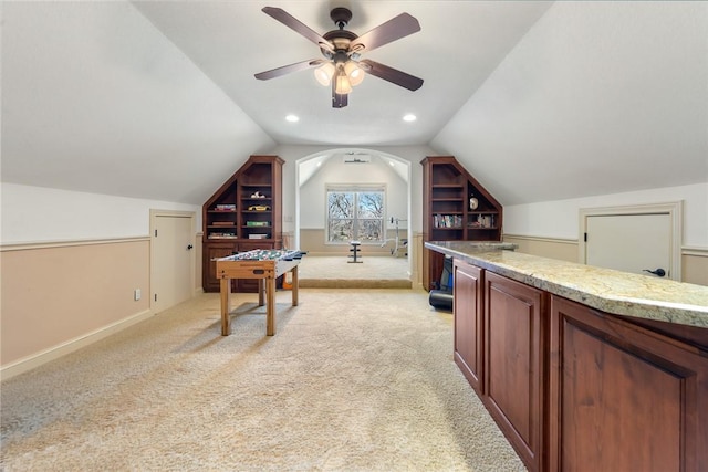 office area featuring baseboards, vaulted ceiling, light carpet, recessed lighting, and a ceiling fan